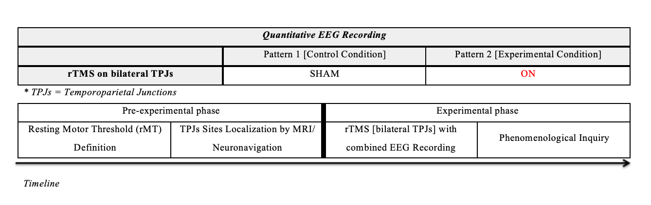Diagram of the rTMS methodology used to inhibit bilateral temporo-parietal junction activity in the autoscopy/OBE research protocol.